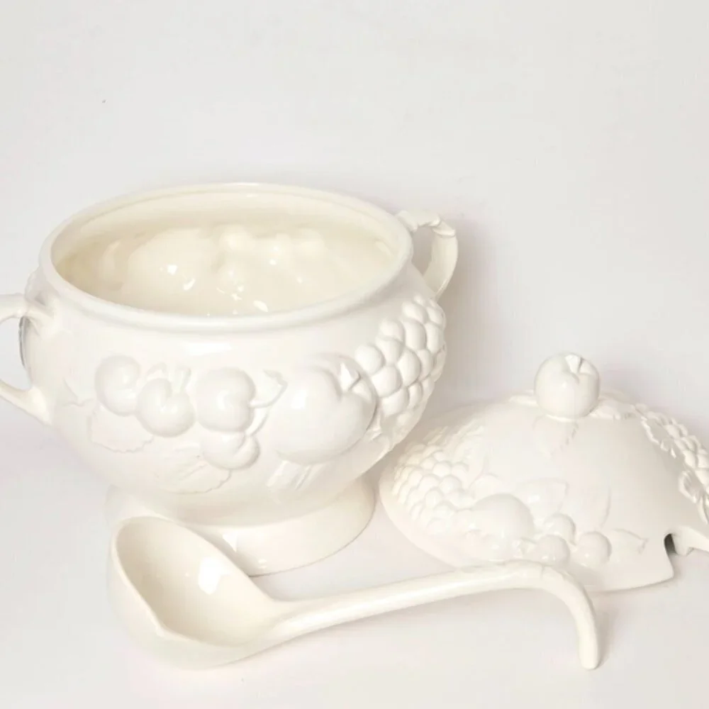 Vintage Signature Japan White Ceramic Soup Tureen Lid Ladle MCM Serving Bowl